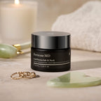 A jar of Cold Plasma Sub-D/Neck, styled on a neutral surface with a lit candle, white towel, and jade roller in the background.